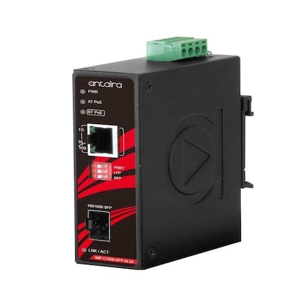 Antaira Compact Industrial Gigabit IEEE 802.3bt Ethernet-to-Fiber Media Converter IMP-C1000-SFP-bt-24-T